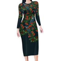 New Zealand Christmas Family Matching Long Sleeve Bodycon Dress and Hawaiian Shirt Romantic Tui Birds on Pohutukawa - Cobalt - Polynesian Pride