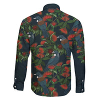 New Zealand Christmas Family Matching Off Shoulder Short Dress and Hawaiian Shirt Romantic Tui Birds on Pohutukawa - Cobalt - Polynesian Pride
