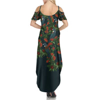 New Zealand Christmas Family Matching Summer Maxi Dress and Hawaiian Shirt Romantic Tui Birds on Pohutukawa - Cobalt - Polynesian Pride