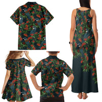 New Zealand Christmas Family Matching Tank Maxi Dress and Hawaiian Shirt Romantic Tui Birds on Pohutukawa - Cobalt - Polynesian Pride