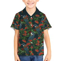 New Zealand Christmas Kid Hawaiian Shirt Romantic Tui Birds on Pohutukawa - Cobalt - Polynesian Pride