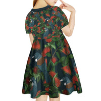New Zealand Christmas Kid Short Sleeve Dress Romantic Tui Birds on Pohutukawa - Cobalt - Polynesian Pride
