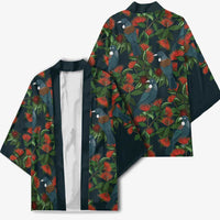 New Zealand Christmas Kimono Romantic Tui Birds on Pohutukawa - Cobalt - Polynesian Pride