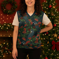 New Zealand Christmas Knitted V-Neck Vest Romantic Tui Birds on Pohutukawa - Cobalt - Polynesian Pride