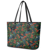New Zealand Christmas Leather Tote Bag Romantic Tui Birds on Pohutukawa - Cobalt - Polynesian Pride