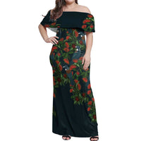 New Zealand Christmas Off Shoulder Maxi Dress Romantic Tui Birds on Pohutukawa - Cobalt - Polynesian Pride