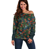 New Zealand Christmas Off Shoulder Sweater Romantic Tui Birds on Pohutukawa - Cobalt - Polynesian Pride