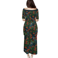 New Zealand Christmas Puletasi Romantic Tui Birds on Pohutukawa - Cobalt - Polynesian Pride