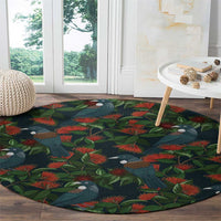 New Zealand Christmas Round Carpet Romantic Tui Birds on Pohutukawa - Cobalt - Polynesian Pride