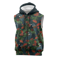 New Zealand Christmas Sleeveless Zip Hoodie Romantic Tui Birds on Pohutukawa - Cobalt - Polynesian Pride