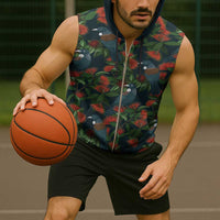 New Zealand Christmas Sleeveless Zip Hoodie Romantic Tui Birds on Pohutukawa - Cobalt - Polynesian Pride