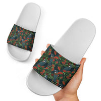New Zealand Christmas Slide Sandals Romantic Tui Birds on Pohutukawa - Cobalt - Polynesian Pride