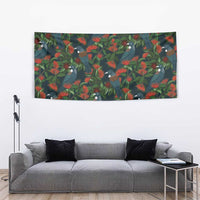 New Zealand Christmas Tapestry Romantic Tui Birds on Pohutukawa - Cobalt - Polynesian Pride