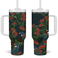 New Zealand Christmas Tumbler With Handle Romantic Tui Birds on Pohutukawa - Cobalt - Polynesian Pride