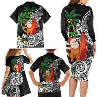 Polynesian Family Matching Long Sleeve Bodycon Dress and Hawaiian Shirt Tropical Santa - Plumeria Black Vintage
