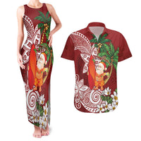 Polynesian Couples Matching Tank Maxi Dress and Hawaiian Shirt Tropical Santa - Plumeria Red Vintage