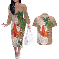 Polynesian Couples Matching Off The Shoulder Long Sleeve Dress and Hawaiian Shirt Tropical Santa - Plumeria Beige Vintage