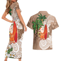 Polynesian Couples Matching Short Sleeve Bodycon Dress and Hawaiian Shirt Tropical Santa - Plumeria Beige Vintage