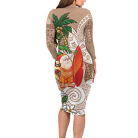 Polynesian Family Matching Long Sleeve Bodycon Dress and Hawaiian Shirt Tropical Santa - Plumeria Beige Vintage