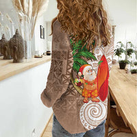 Polynesian Women Casual Shirt Tropical Santa - Plumeria Beige Vintage