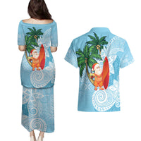 Polynesian Couples Matching Puletasi and Hawaiian Shirt Tropical Santa - Plumeria Turquoise Vintage