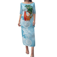 Polynesian Family Matching Puletasi and Hawaiian Shirt Tropical Santa - Plumeria Turquoise Vintage
