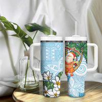 Polynesian Tumbler With Handle Tropical Santa - Plumeria Turquoise Vintage
