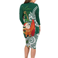 Polynesian Family Matching Long Sleeve Bodycon Dress and Hawaiian Shirt Tropical Santa - Plumeria Green Vintage