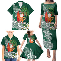 Polynesian Family Matching Puletasi and Hawaiian Shirt Tropical Santa - Plumeria Green Vintage