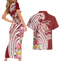 Aloha Hawaii Island Personalized Couples Matching Short Sleeve Bodycon Dress and Hawaiian Shirt Crimson Dreamy Turtle