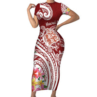 Aloha Hawaii Island Personalized Family Matching Short Sleeve Bodycon Dress and Hawaiian Shirt Crimson Dreamy Turtle