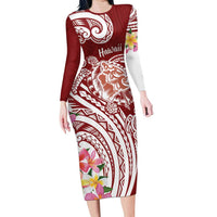 Aloha Hawaii Island Personalized Long Sleeve Bodycon Dress Crimson Dreamy Turtle
