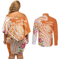 Aloha Lanai Island Personalized Couples Matching Off Shoulder Short Dress and Long Sleeve Button Shirt Orange Dreamy Turtle