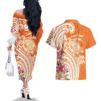 Aloha Lanai Island Personalized Couples Matching Off The Shoulder Long Sleeve Dress and Hawaiian Shirt Orange Dreamy Turtle