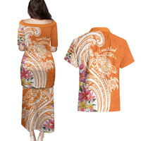 Aloha Lanai Island Personalized Couples Matching Puletasi and Hawaiian Shirt Orange Dreamy Turtle