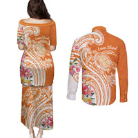 Aloha Lanai Island Personalized Couples Matching Puletasi and Long Sleeve Button Shirt Orange Dreamy Turtle LT7 - Polynesian Pride
