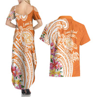 Aloha Lanai Island Personalized Couples Matching Summer Maxi Dress and Hawaiian Shirt Orange Dreamy Turtle