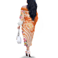 Aloha Lanai Island Personalized Family Matching Off The Shoulder Long Sleeve Dress and Hawaiian Shirt Orange Dreamy Turtle