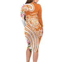 Aloha Lanai Island Personalized Long Sleeve Bodycon Dress Orange Dreamy Turtle
