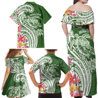 Aloha Molokai Island Personalized Family Matching Off Shoulder Maxi Dress and Hawaiian Shirt Sage Dreamy Turtle