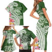 Aloha Molokai Island Personalized Family Matching Short Sleeve Bodycon Dress and Hawaiian Shirt Sage Dreamy Turtle