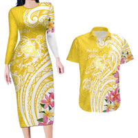 Aloha Oahu Island Personalized Couples Matching Long Sleeve Bodycon Dress and Hawaiian Shirt Yellow Dreamy Turtle