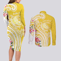 Aloha Oahu Island Personalized Couples Matching Long Sleeve Bodycon Dress and Long Sleeve Button Shirt Yellow Dreamy Turtle