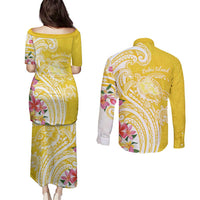 Aloha Oahu Island Personalized Couples Matching Puletasi and Long Sleeve Button Shirt Yellow Dreamy Turtle
