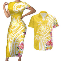 Aloha Oahu Island Personalized Couples Matching Short Sleeve Bodycon Dress and Hawaiian Shirt Yellow Dreamy Turtle