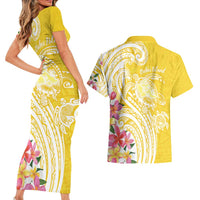 Aloha Oahu Island Personalized Couples Matching Short Sleeve Bodycon Dress and Hawaiian Shirt Yellow Dreamy Turtle