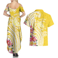 Aloha Oahu Island Personalized Couples Matching Summer Maxi Dress and Hawaiian Shirt Yellow Dreamy Turtle