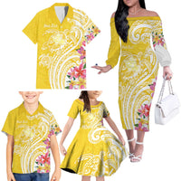 Aloha Oahu Island Personalized Family Matching Off The Shoulder Long Sleeve Dress and Hawaiian Shirt Yellow Dreamy Turtle