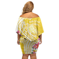 Aloha Oahu Island Personalized Family Matching Off Shoulder Short Dress and Hawaiian Shirt Yellow Dreamy Turtle