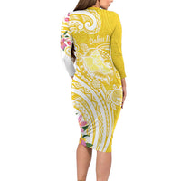 Aloha Oahu Island Personalized Long Sleeve Bodycon Dress Yellow Dreamy Turtle